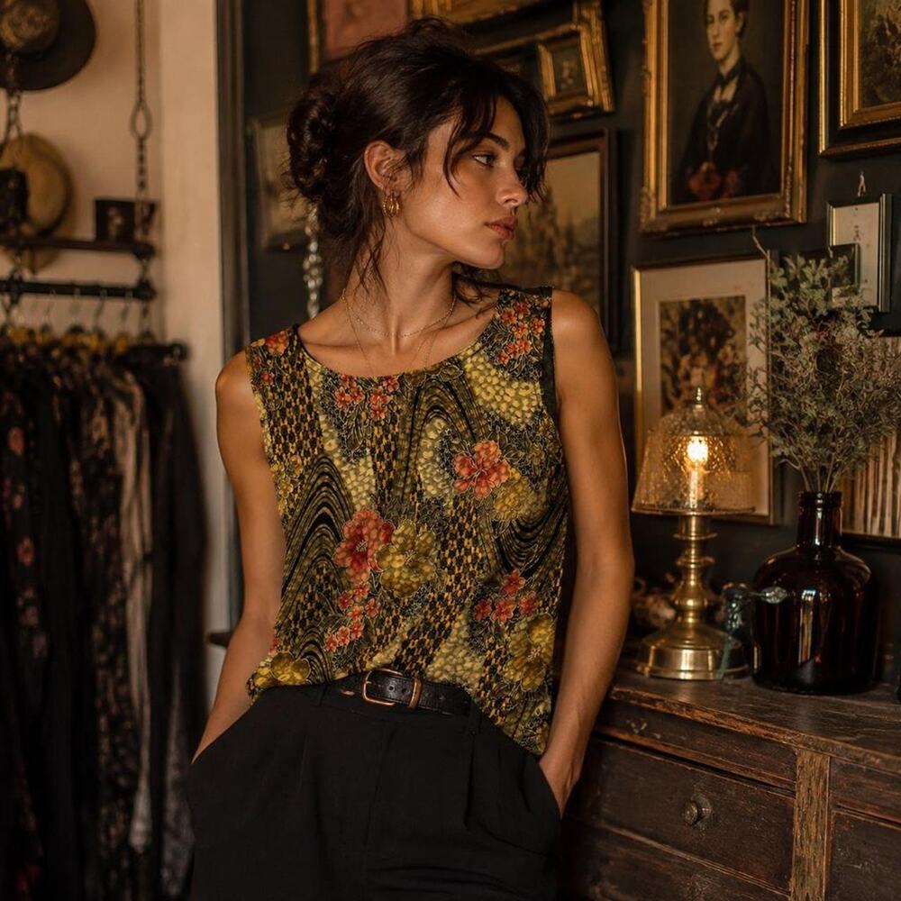 Vintage MSK Gold Black Floral Abstract Tank Top M Y2K